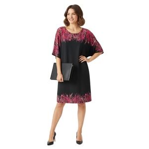 dressbarn Dress Size 6 Black‎ Pink Floral Split-Sleeve Pullover Boho Abstract